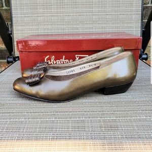 Salvatore Ferragamo Bronze Bow Nicolla Ballet Flats 6.5